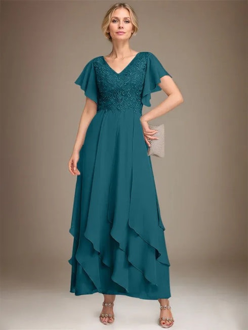🌻NEW w/tag Green Formal A-Line Chiffon V-Neck Tiered Ruffle Dress Size 10